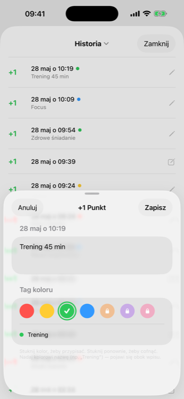 Wybór koloru wpisu w todayXP